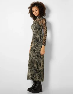 BERSHKA Robe longue manches longues tulle imprimé Violet Best