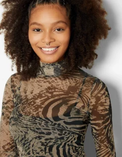 BERSHKA Robe longue manches longues tulle imprimé Violet Best