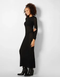 BERSHKA Robe longue manches longues bord-côte Noir Cheap