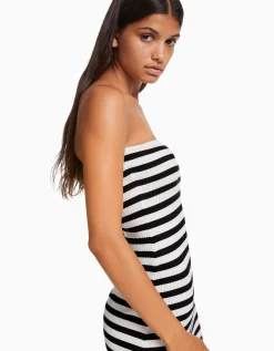 BERSHKA Robe midi bandeau rayures Blanc Clearance