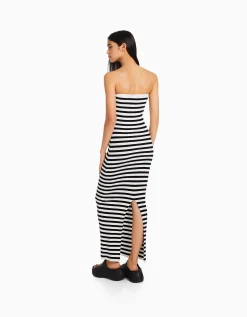 BERSHKA Robe midi bandeau rayures Blanc Hot