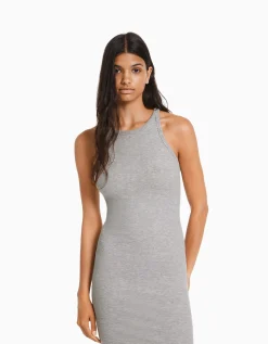BERSHKA Robe midi bord-côte Gris Outlet