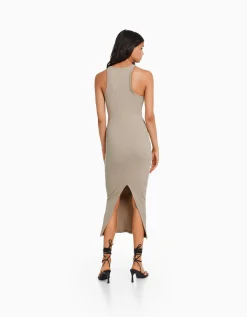 BERSHKA Robe midi bord-côte Gris Store