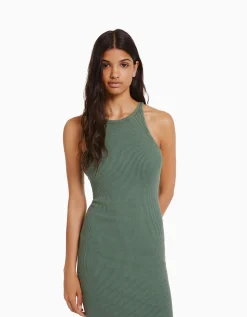 BERSHKA Robe midi bord-côte Gris Fashion