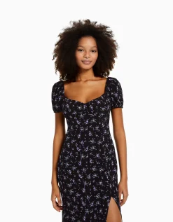 BERSHKA Robe midi manches courtes imprimé fleurs Noir Cheap