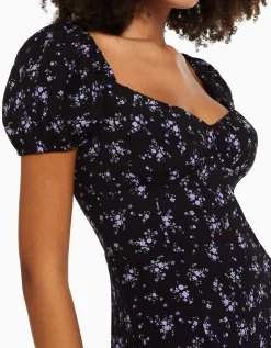 BERSHKA Robe midi manches courtes imprimé fleurs Noir Cheap