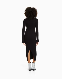 BERSHKA Robe midi manches longues maille bord-côte Noir Outlet