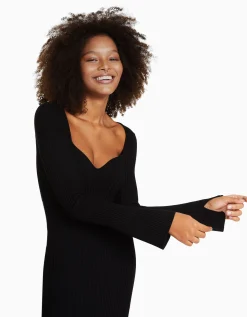 BERSHKA Robe midi manches longues maille bord-côte Noir Outlet