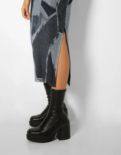 BERSHKA Robe midi manches longues tulle effet denim Gris Sale