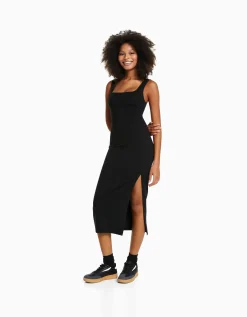 BERSHKA Robe midi moulante bretelles Bleu Cheap
