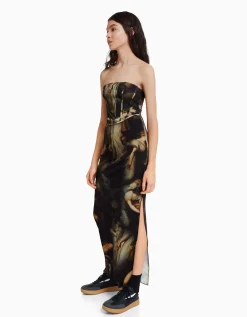 BERSHKA Robe midi tulle imprimé Art Series Noir Outlet