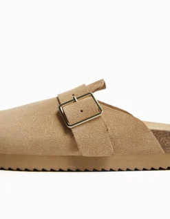 BERSHKA Sabots CUIR boucle Sable Cheap