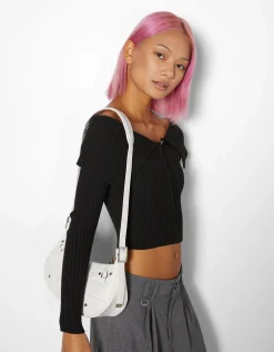 BERSHKA Sac anse similicuir rivets Blanc Outlet