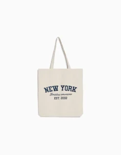 BERSHKA Sac cabas toile imprimé Écru Cheap