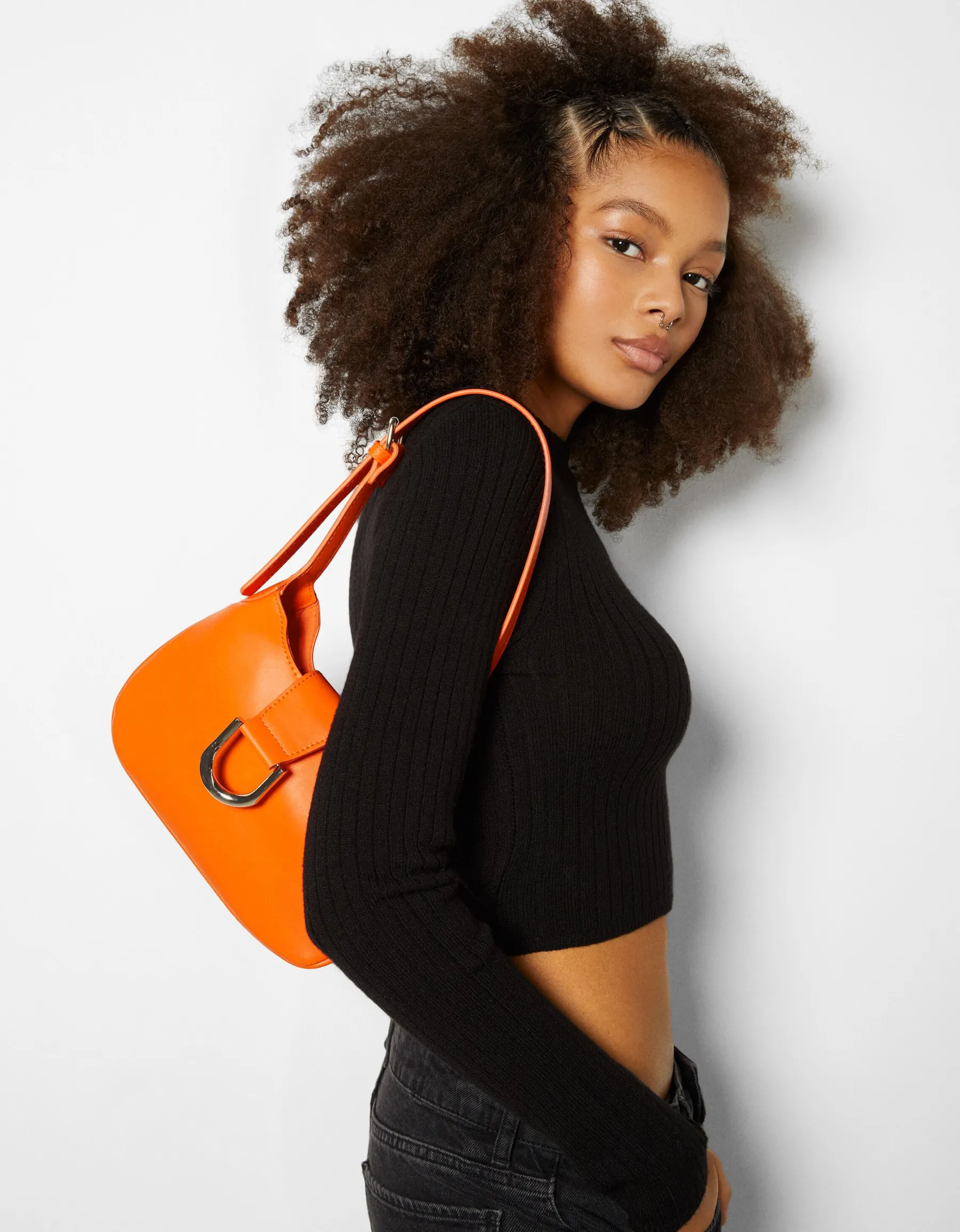BERSHKA Sac porté épaule boucle effet argent Orange Store