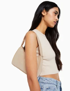 BERSHKA Sac porté épaule tissu Beige Outlet