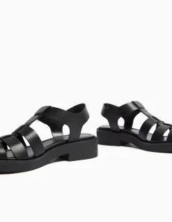 BERSHKA Sandales plates à lanières Noir Cheap
