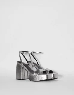 BERSHKA Sandales talon plateforme métallisées Argent Outlet
