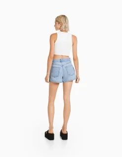 BERSHKA Short denim mom Bleu Cheap