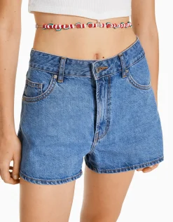 BERSHKA Short denim mom Bleu Outlet