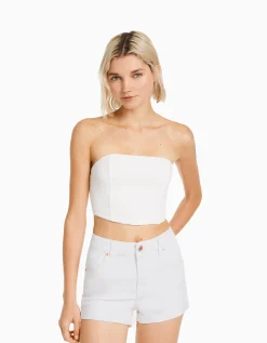 BERSHKA Short denim retroussé Blanc Online