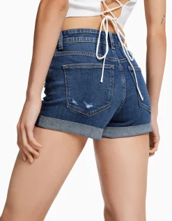 BERSHKA Short denim retroussé Blanc Discount
