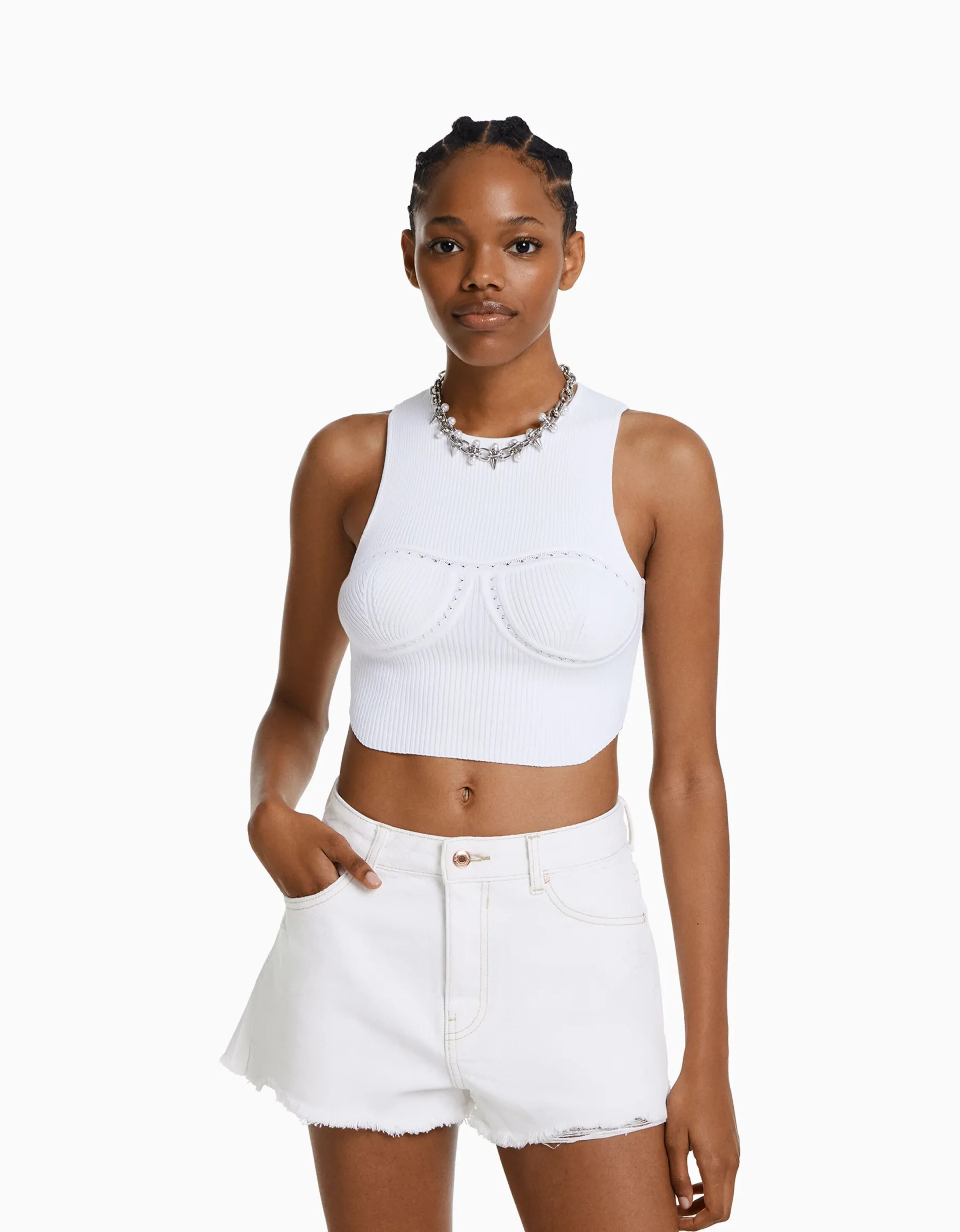 BERSHKA Short denim vintage déchiré Bleu clair Discount