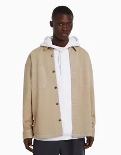 BERSHKA Surchemise coton fil contraste Sable Hot