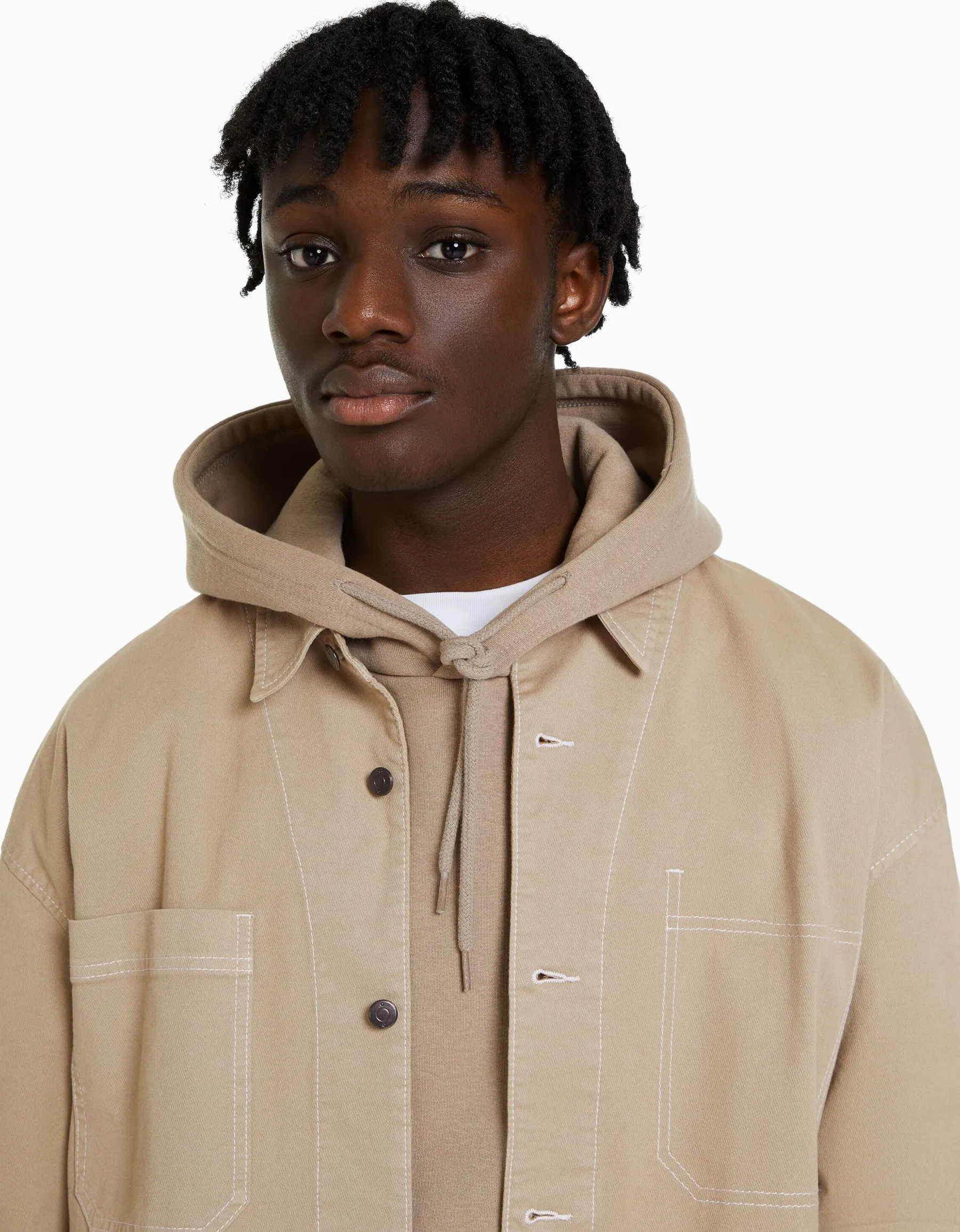 BERSHKA Surchemise coton fil contraste Sable Outlet