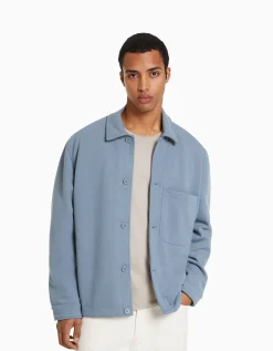 BERSHKA Surchemise imitation daim Bleu Sale