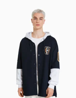 BERSHKA Surchemise manches longues capuche varsity molleton Marine Clearance