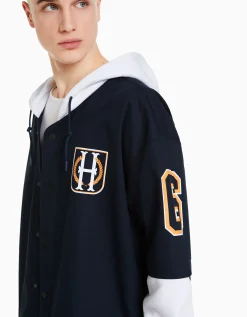 BERSHKA Surchemise manches longues capuche varsity molleton Marine Clearance