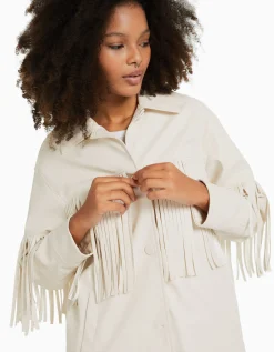 BERSHKA Surchemise similicuir franges Écru Online