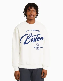 BERSHKA Sweat ample imprimé Blanc Hot
