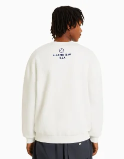 BERSHKA Sweat ample imprimé Blanc Hot