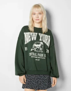 BERSHKA Sweat ample imprimé Écru Shop