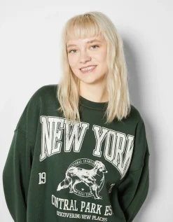 BERSHKA Sweat ample imprimé Écru Shop