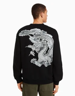 BERSHKA Sweat ample imprimé Noir Cheap
