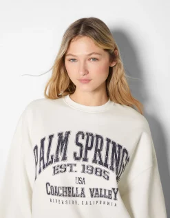 BERSHKA Sweat ample imprimé Écru Shop