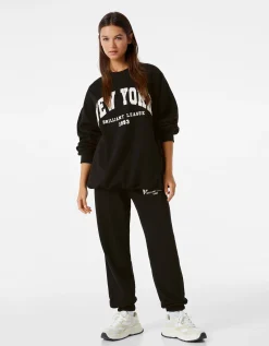 BERSHKA Sweat ample imprimé Bleu clair Shop