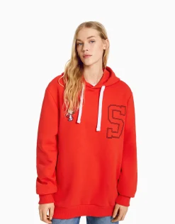 BERSHKA Sweat capuche brodé Snoopy Rouge Online