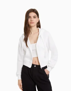 BERSHKA Sweat capuche cropped fermeture Éclair Blanc Store