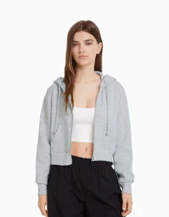 BERSHKA Sweat capuche cropped fermeture Éclair Gris Online