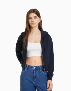 BERSHKA Sweat capuche cropped fermeture Éclair Marine Outlet