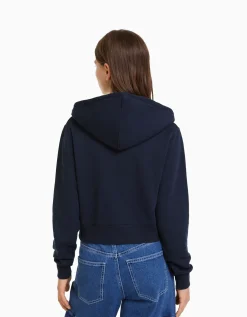 BERSHKA Sweat capuche cropped fermeture Éclair Marine Outlet