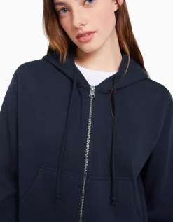 BERSHKA Sweat capuche cropped fermeture Éclair Marine Cheap