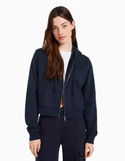 BERSHKA Sweat capuche cropped fermeture Éclair Marine Sale