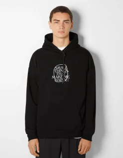 BERSHKA Sweat capuche easy fit imprimé Noir Shop