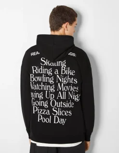 BERSHKA Sweat capuche easy fit imprimé Noir Shop