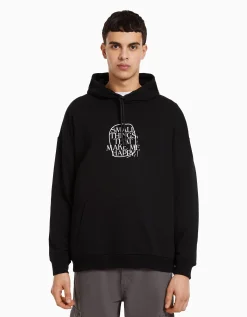 BERSHKA Sweat capuche easy fit imprimé Noir Hot